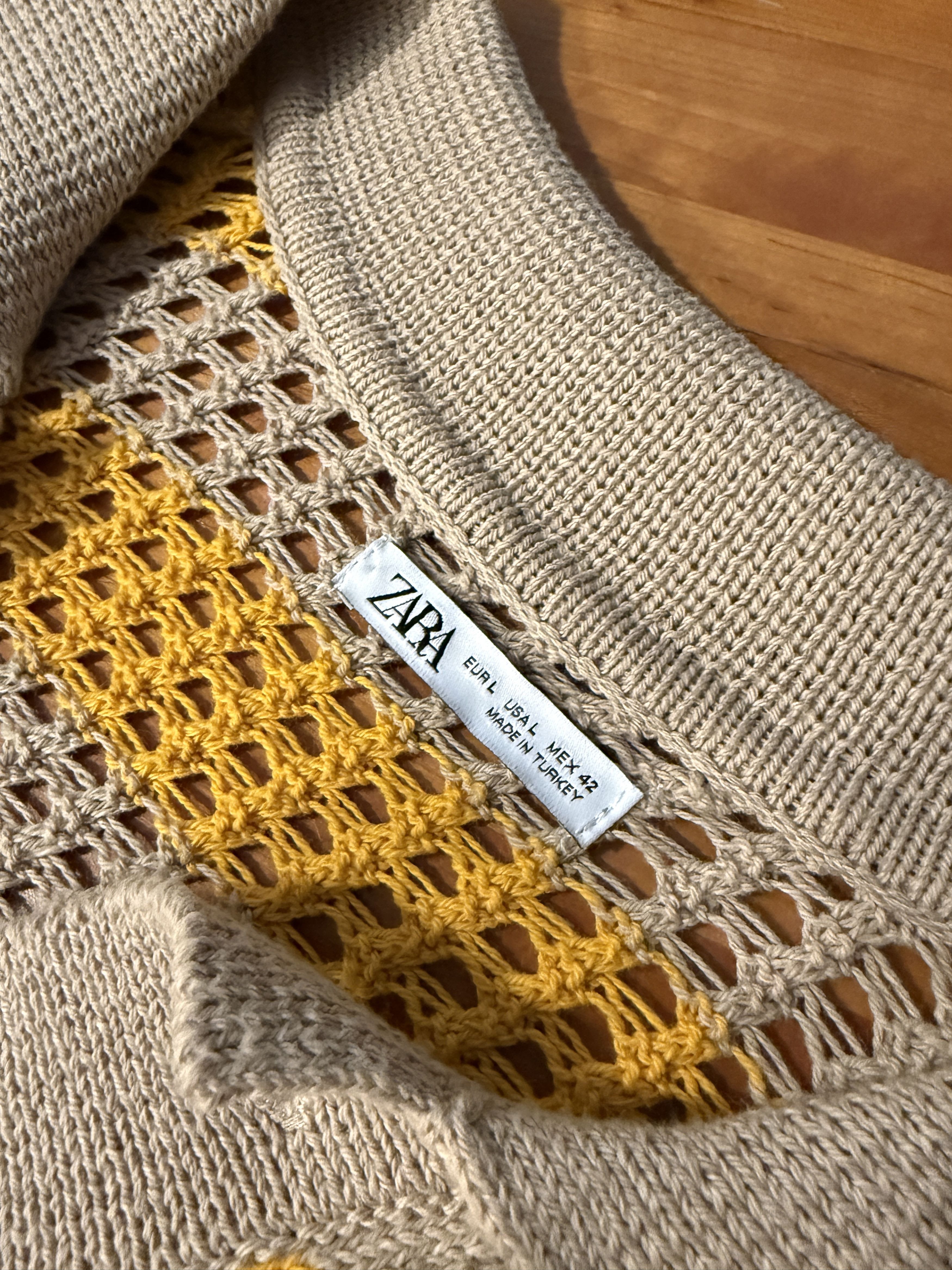 Zara Zara Open Knit Striped Cotton Polo (Beige/Yellow) Size US L / EU 52-54 / 3 - 3 Thumbnail