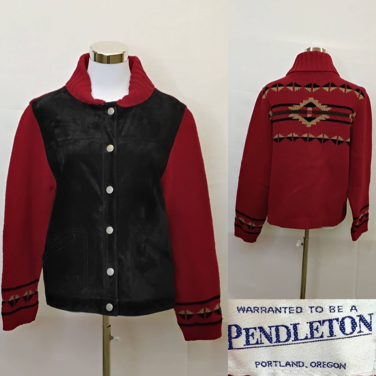 Pendleton Pendleton Lambswool Sweater Women's L Red w/ Black Leather Size L / US 10 / IT 46 - 1 Thumbnail