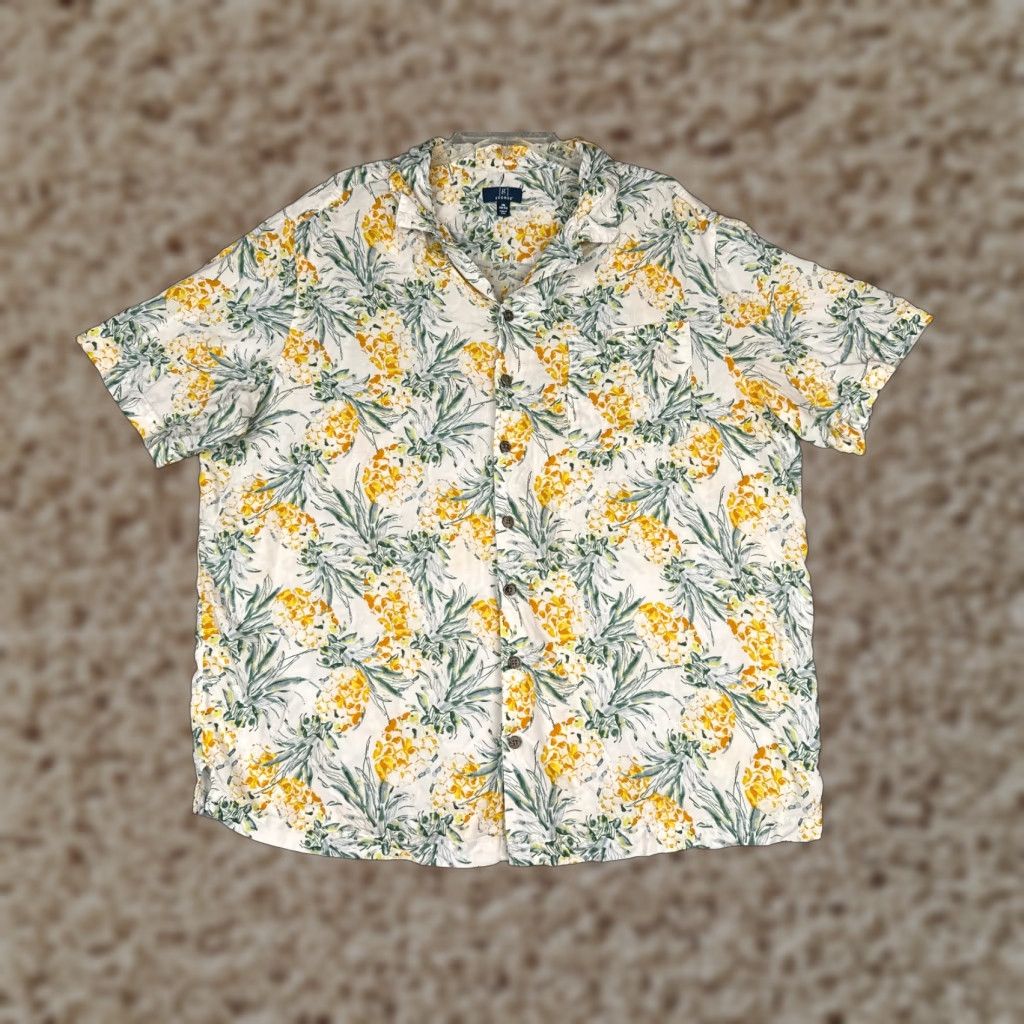 George George Shirt Men 2XL White Yellow Green Pineapple Hawaiian 100% Rayon Button-Up Collared Short Sleeve Floral All Seasons Breathable Pockets Mens Size US XXL / EU 58 / 5 - 1 Thumbnail