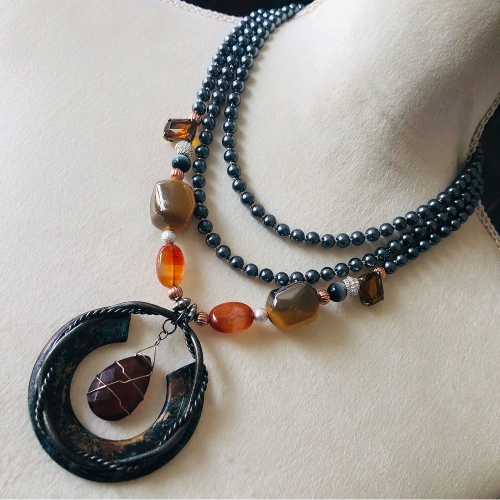 Handmade Handcrafted repurpose medieval gem glass Pearl necklac Size ONE SIZE - 1 Thumbnail