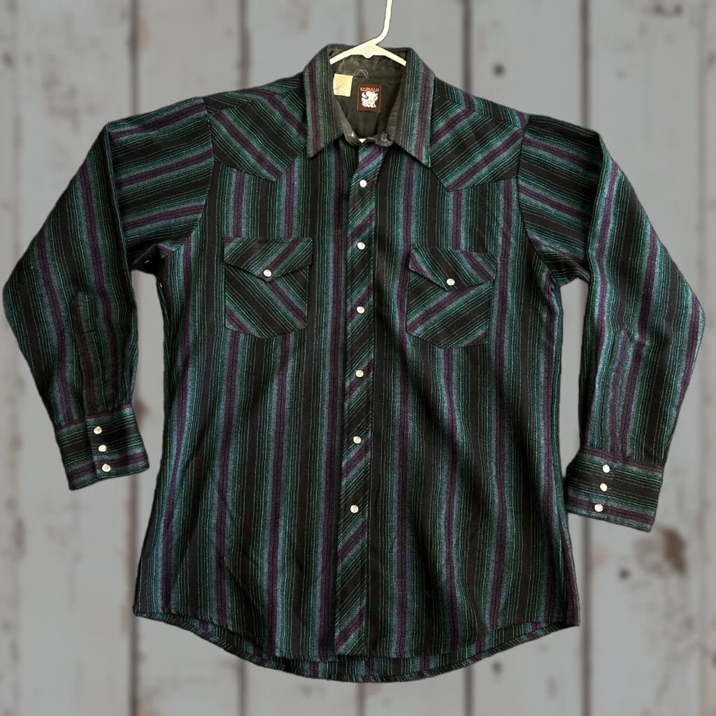 Armani VINTAGE Karman Button-Up Shirt Western Long Sleeve 16-34 Purple Stripes Black Acrylic Neck Collared Men 90s Western Southwestern Native Size US L / EU 52-54 / 3 - 1 Thumbnail