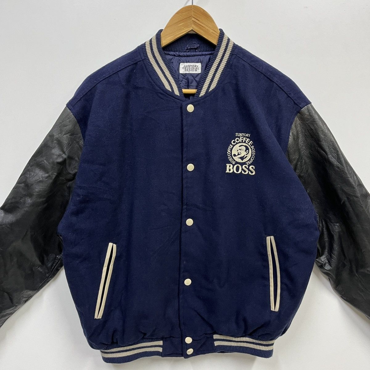 Japanese Brand Suntory BOSS Coffee Varsity Bomber Jacket Leather Sleeves L Size US L / EU 52-54 / 3 - 3 Thumbnail