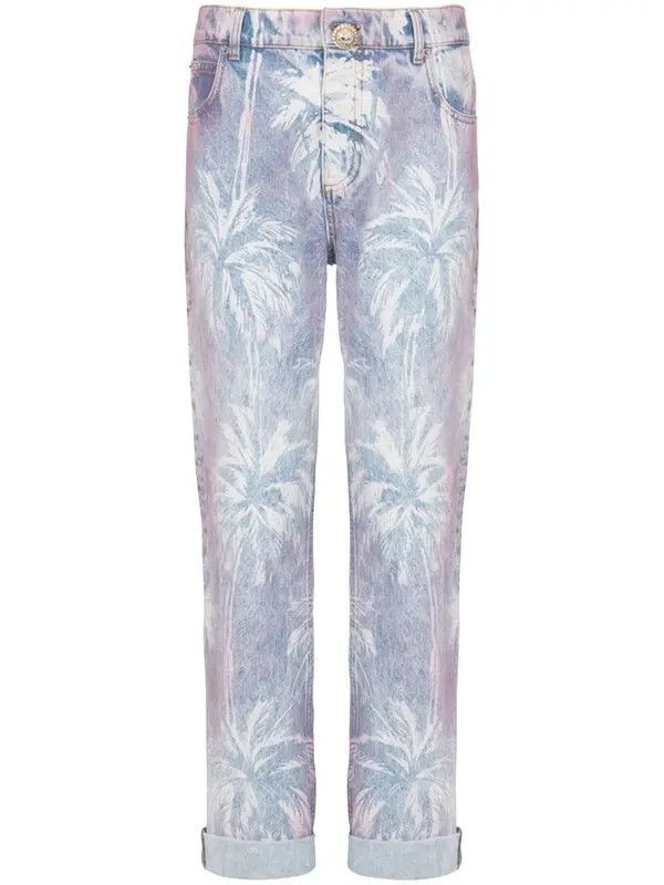 Balmain o1s1wg110825 Palm Tree Print Jeans in Blue Size 26" / US 2 / IT 38 - 2 Thumbnail