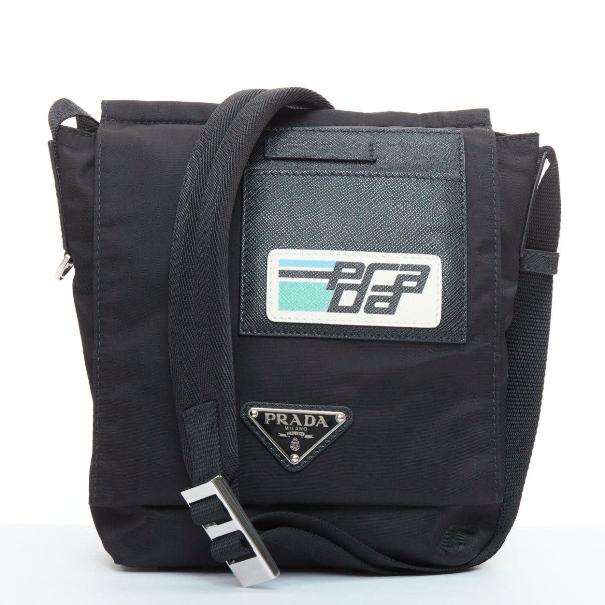 PRADA Racing black tessuto nylon saffiano leather patch logo flap messenger bag