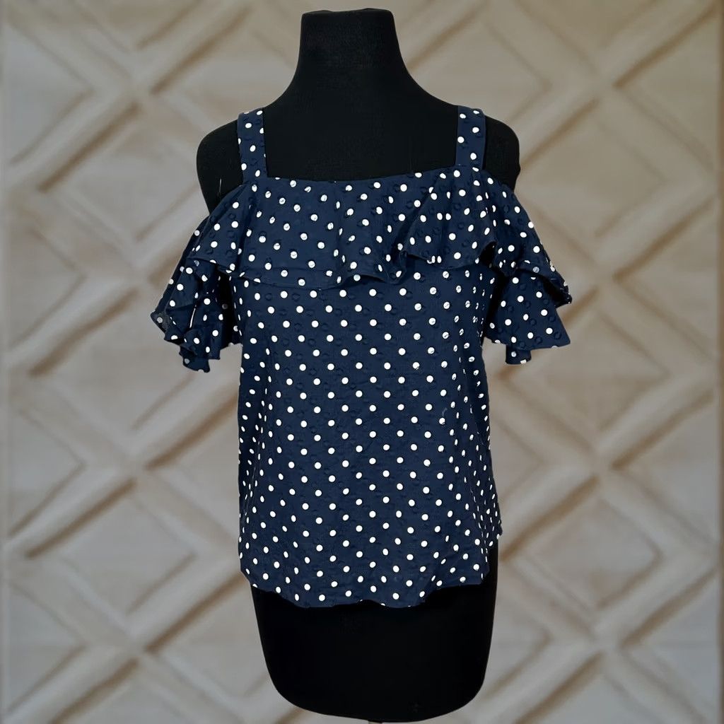 J.Crew J. Crew Blouse Polka Dot Navy Blue Cold Shoulder Ruffle Square Neck Womens 4 Size S / US 4 / IT 40 - 1 Thumbnail