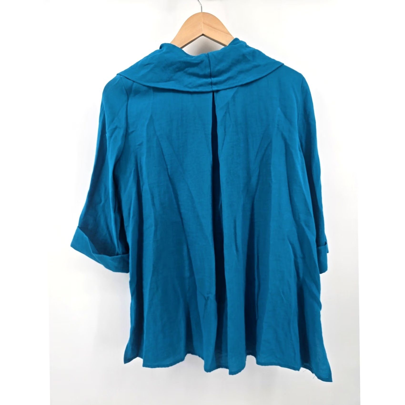 Vintage Ali Miles Tunic Top Womens PM Teal Blue Cowl Neck Button Tab Roll-Sleeve Rayon Size M / US 6-8 / IT 42-44 - 4 Thumbnail