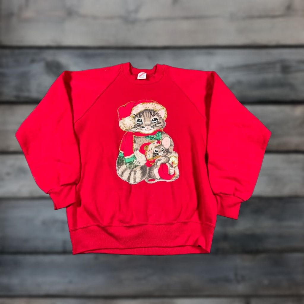 Jerzees VINTAGE Jerzees Sweatshirt 90s Christmas Kittens Raglan Sleeve Red Crew Neck Pullover Adult L Cat Womens Holiday Warm Sweatshirt Size L / US 10 / IT 46 - 1 Thumbnail