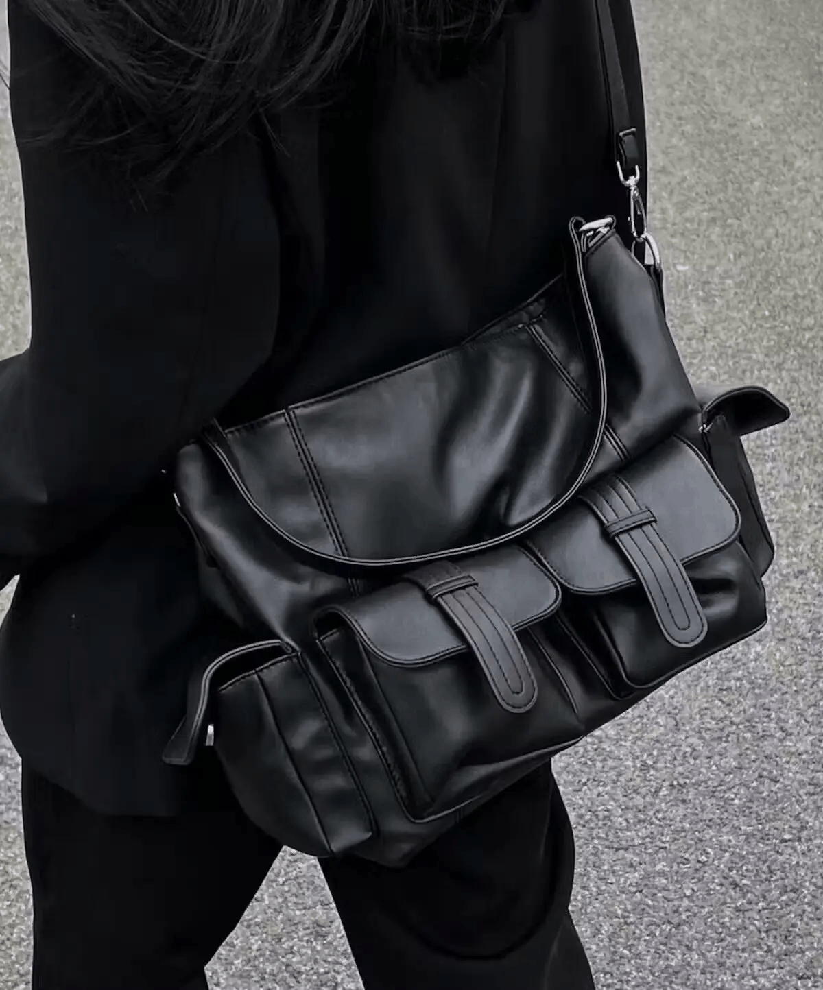 image of Fashion Y2K Faux Leather Messenger Shoulder Bag in Black, Men's