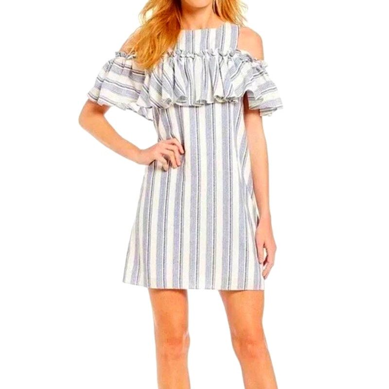 Gianni Bini Blue White Striped Off Shoulder Ruffle Dress