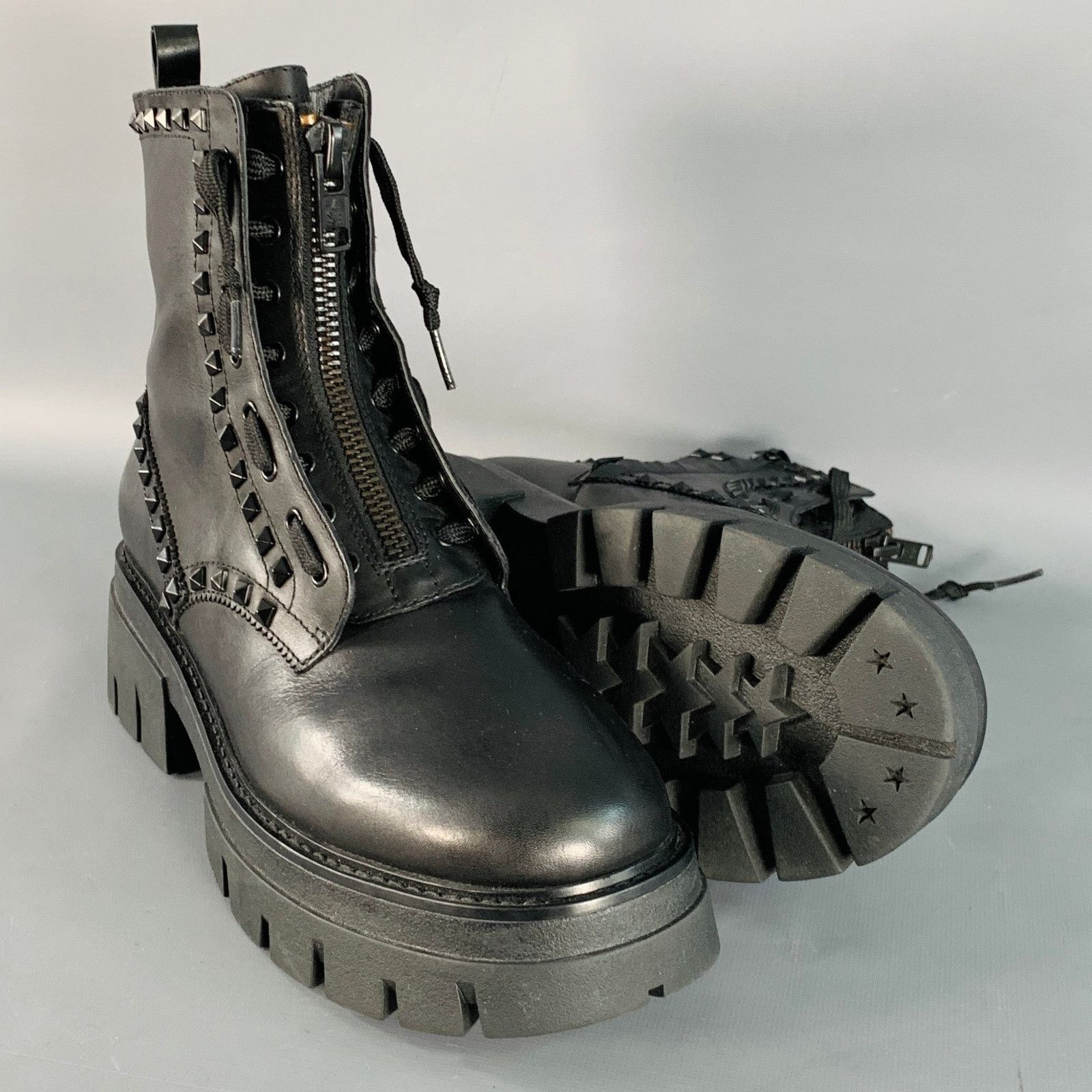 ASH Lynch Studs Black Studded Leather Lug Sole Zip Up Combat Size US 10 / IT 40 - 5 Thumbnail