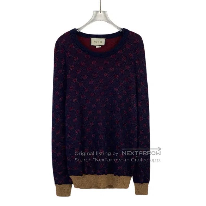 Gucci Gucci Dark blue logo jacquard full-print wool round-neck l Size US S / EU 44-46 / 1 - 1 Thumbnail
