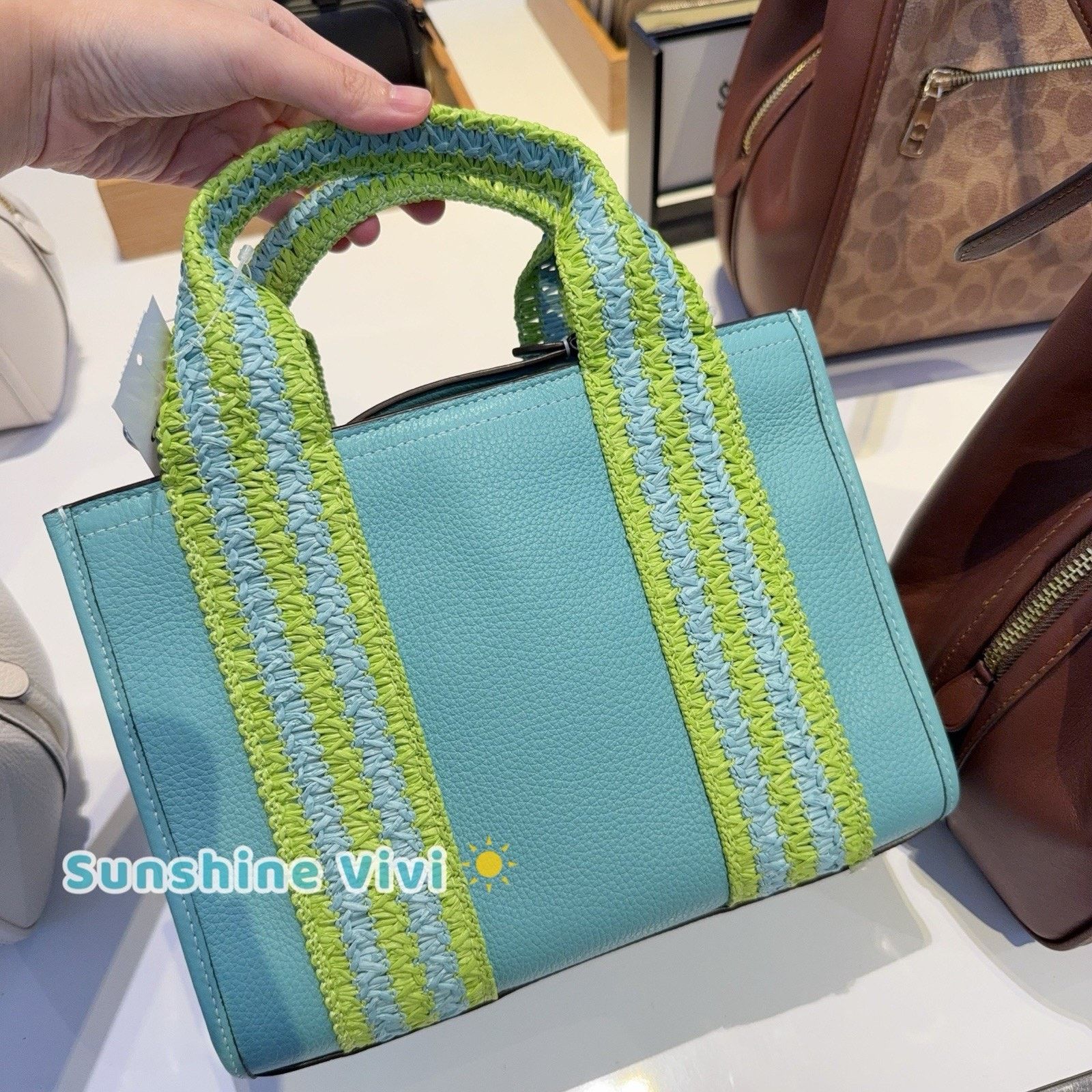 Coach NWT Coach Smith Tote Bag 24 CBG91 Straw Leather Turquoise Size ONE SIZE - 2 Thumbnail