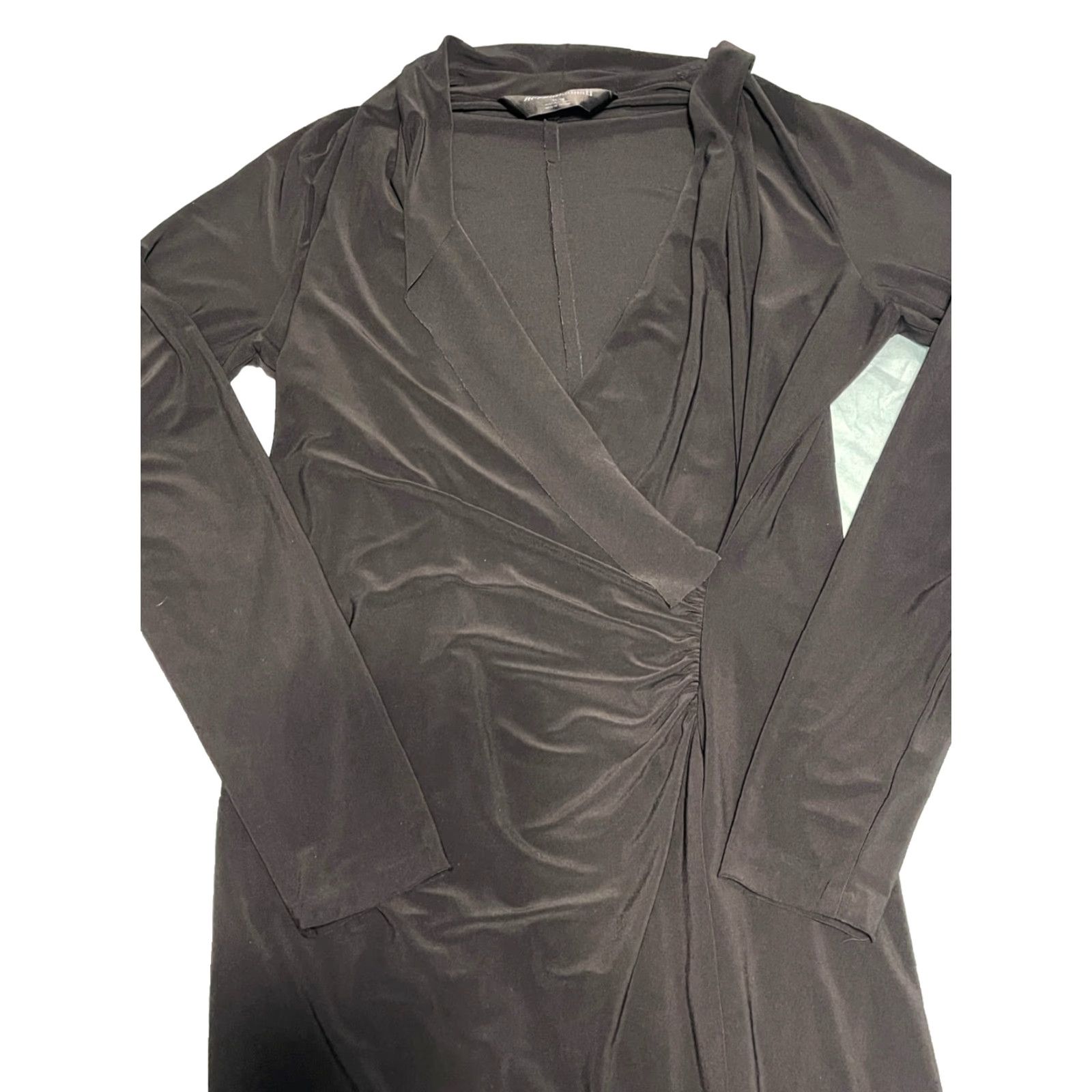 Norma Kamali Dress Womens Black Wrap V-Neck Long Sleeve XL Collared Chiffon  Polyester Blend Zip