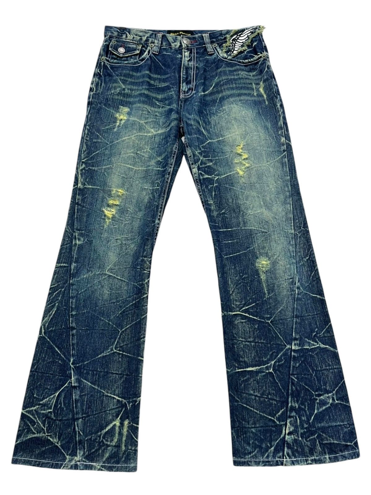 Japanese Brand 🔥NYLAUS Embroidery Winged Studded Long Flap Mudwash FLARE Size US 31 - 2 Thumbnail