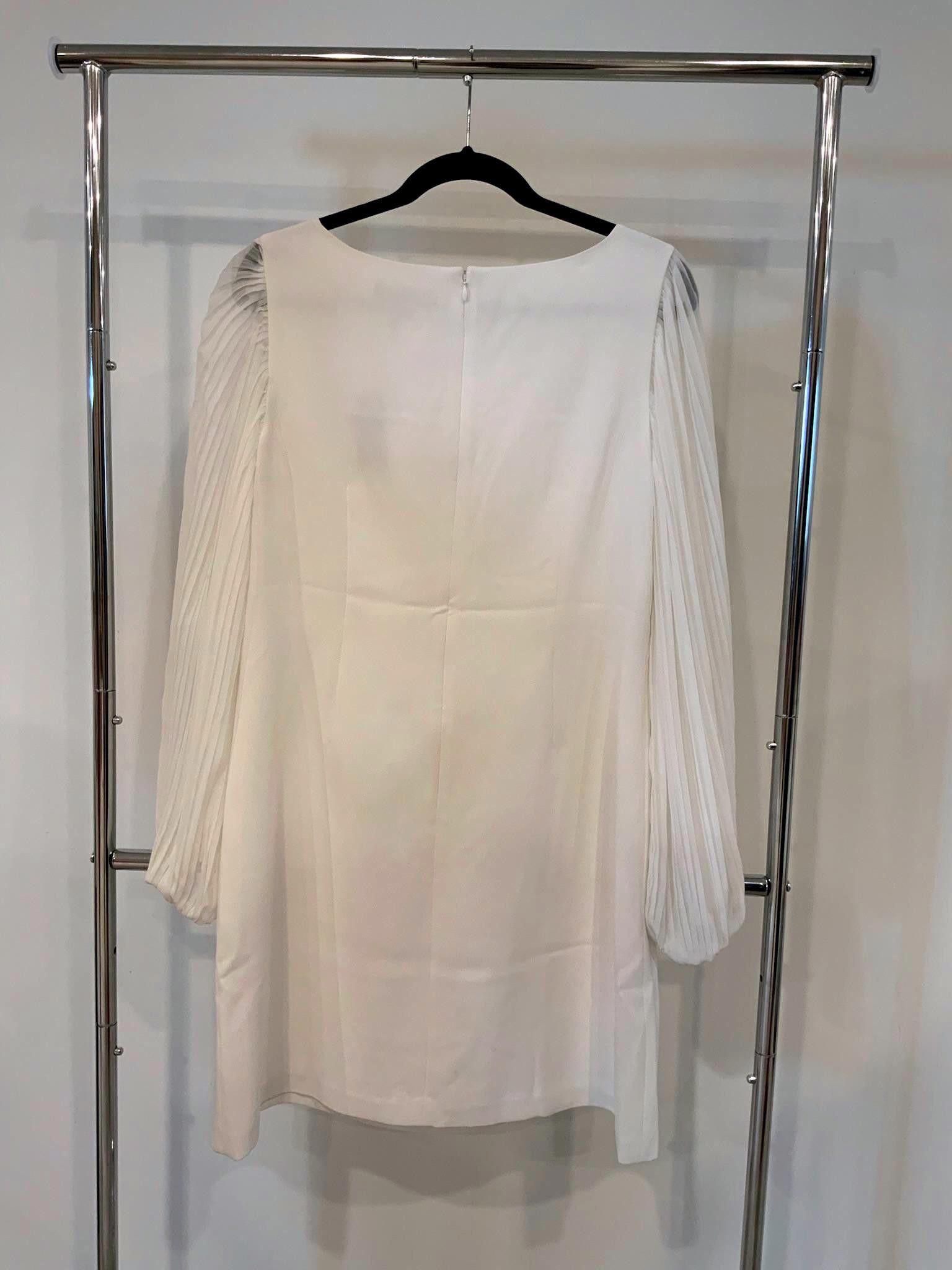 Designer Elegant White Dress with Pleated Sleeves by WHBM Size L / US 10 / IT 46 - 2 Thumbnail