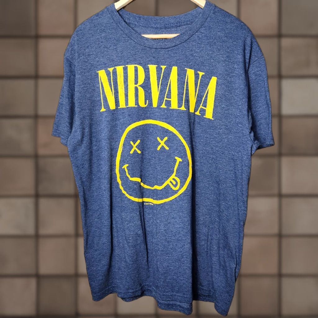 Vintage Nirvana Smiley Face T-Shirt Unisex Blue Yellow Short Sleeve Cotton/Polyester Tee-Size L Mens 90s Grunge Band Regular Size US 33 - 1 Thumbnail