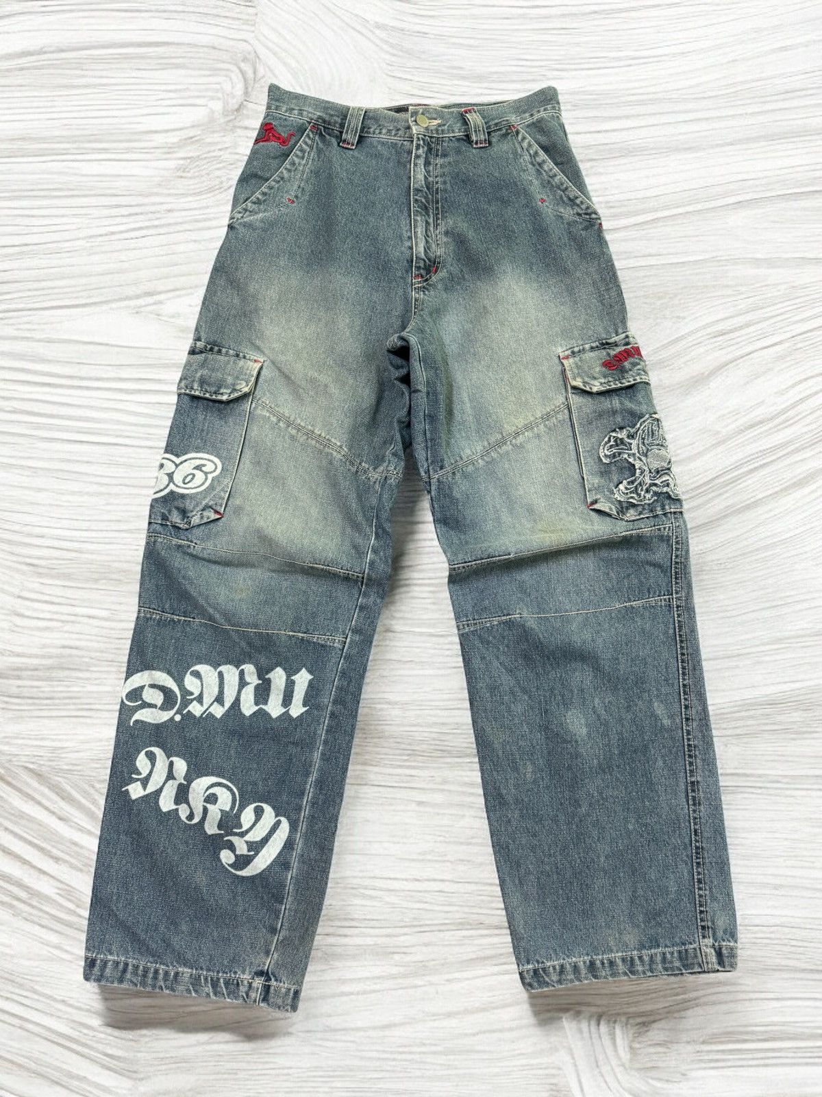 Japanese Brand BAGGY DRUNKNMUNKY CARGO SKULL PATCHES SPELLOUT DENIM Size US 27 - 2 Thumbnail