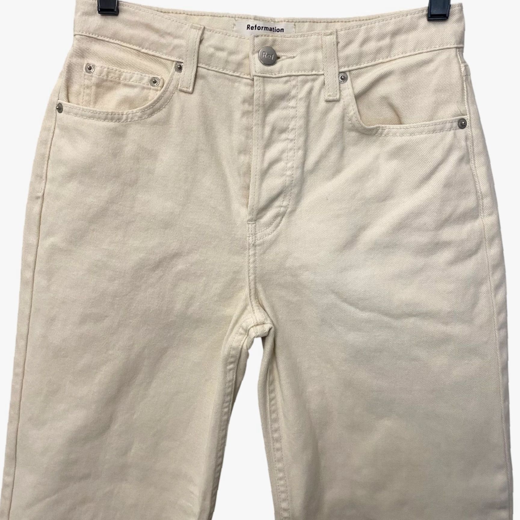 Reformation VINTAGE Reformation Fawcett Straight-Leg Denim Jeans Womens 25 High-Rise Raw-Hem Ivory Cotton Retro Size 42" / US 20 - 5 Thumbnail