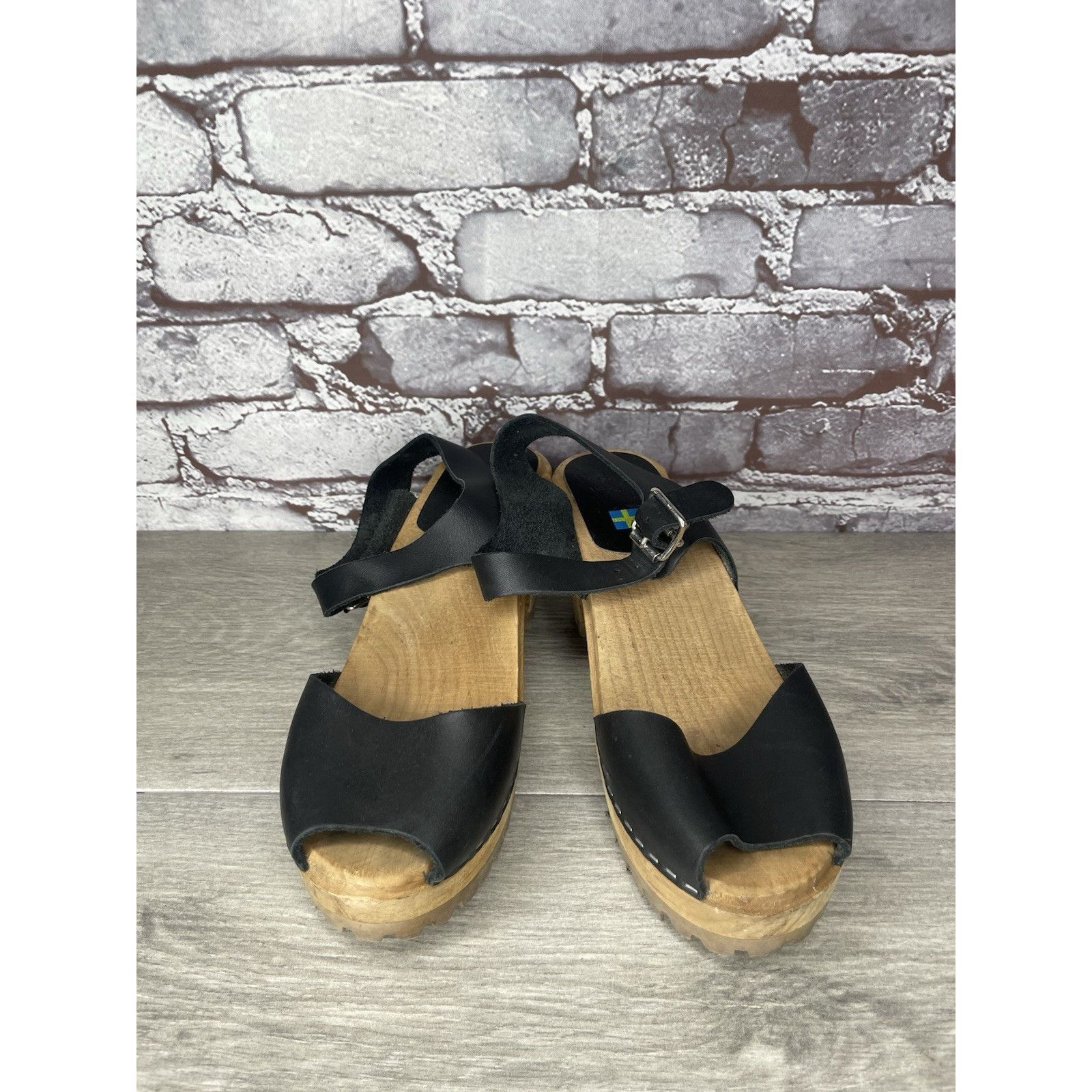 Swedish Hasbeens Swedish Hasbeens Black Leather Wooden Heel Peep Toe Ankle St Size US 7.5 / IT 37.5 - 12 Thumbnail