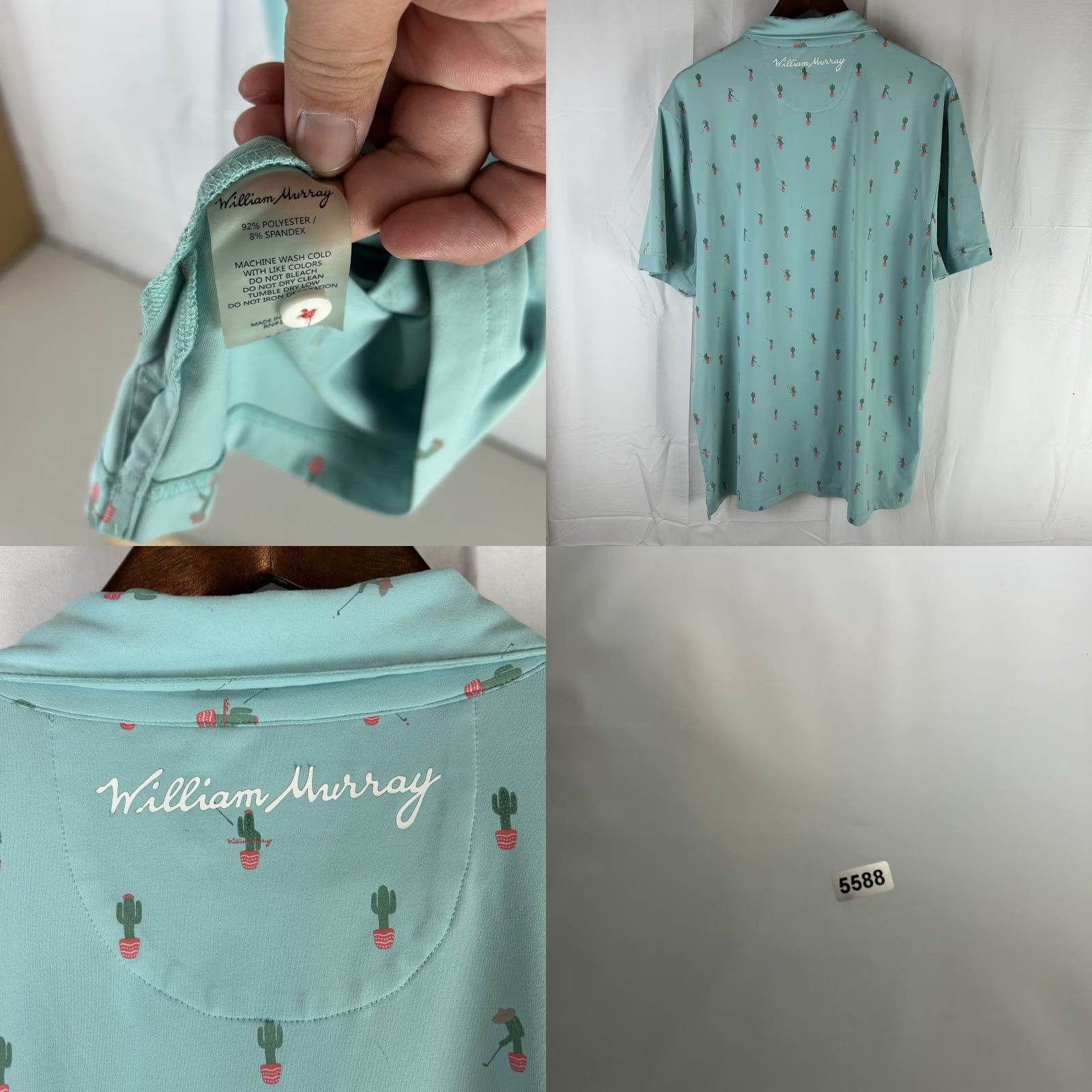 Vintage William Murray Golf Polo Shirt Men XL Mint Cactus Print Short Sleeve Button-Up Collared Hawaiian Sports Tropical Green Size US XL / EU 56 / 4 - 8 Thumbnail