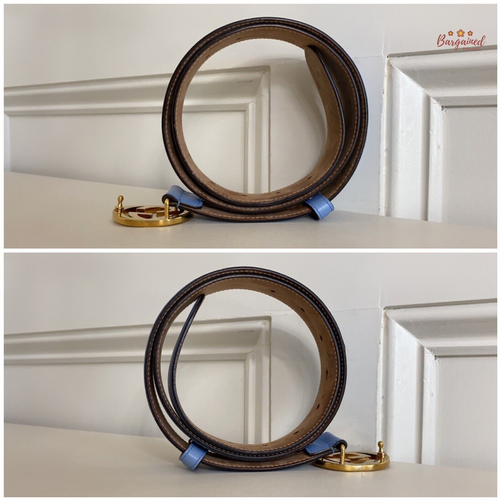 Gucci Gucci Blue Calfskin Leather Gold Interlocking G Buckle Belt Size 30 - 4 Thumbnail