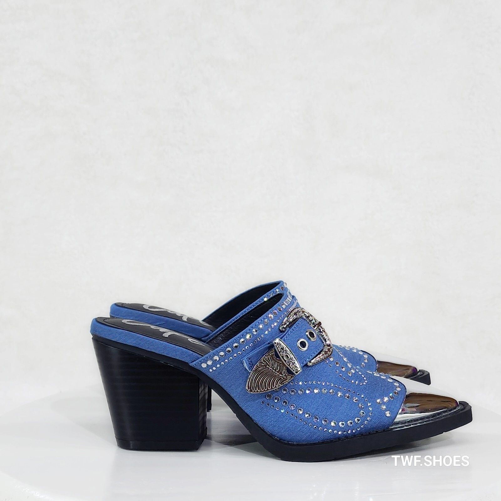 Other Vive Western Slip On Mules Blue Denim Rhinestones Metal Toe Size US 8 / IT 38 - 3 Thumbnail