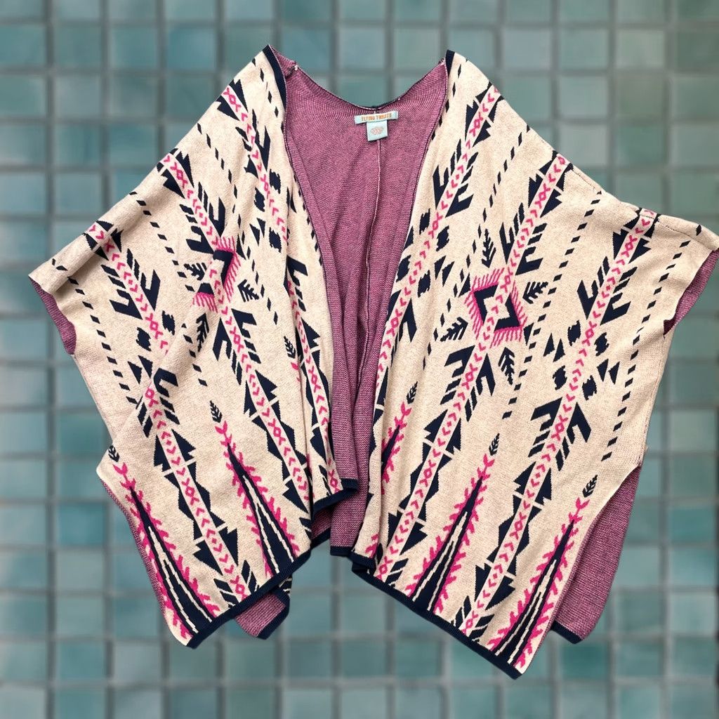 Pinko Flying Tomato Sweater Womens Large Beige Pink Poncho Aztec Print Cotton Shawl Cardigan Casual Fall Winter Size L / US 10 / IT 46 - 1 Thumbnail