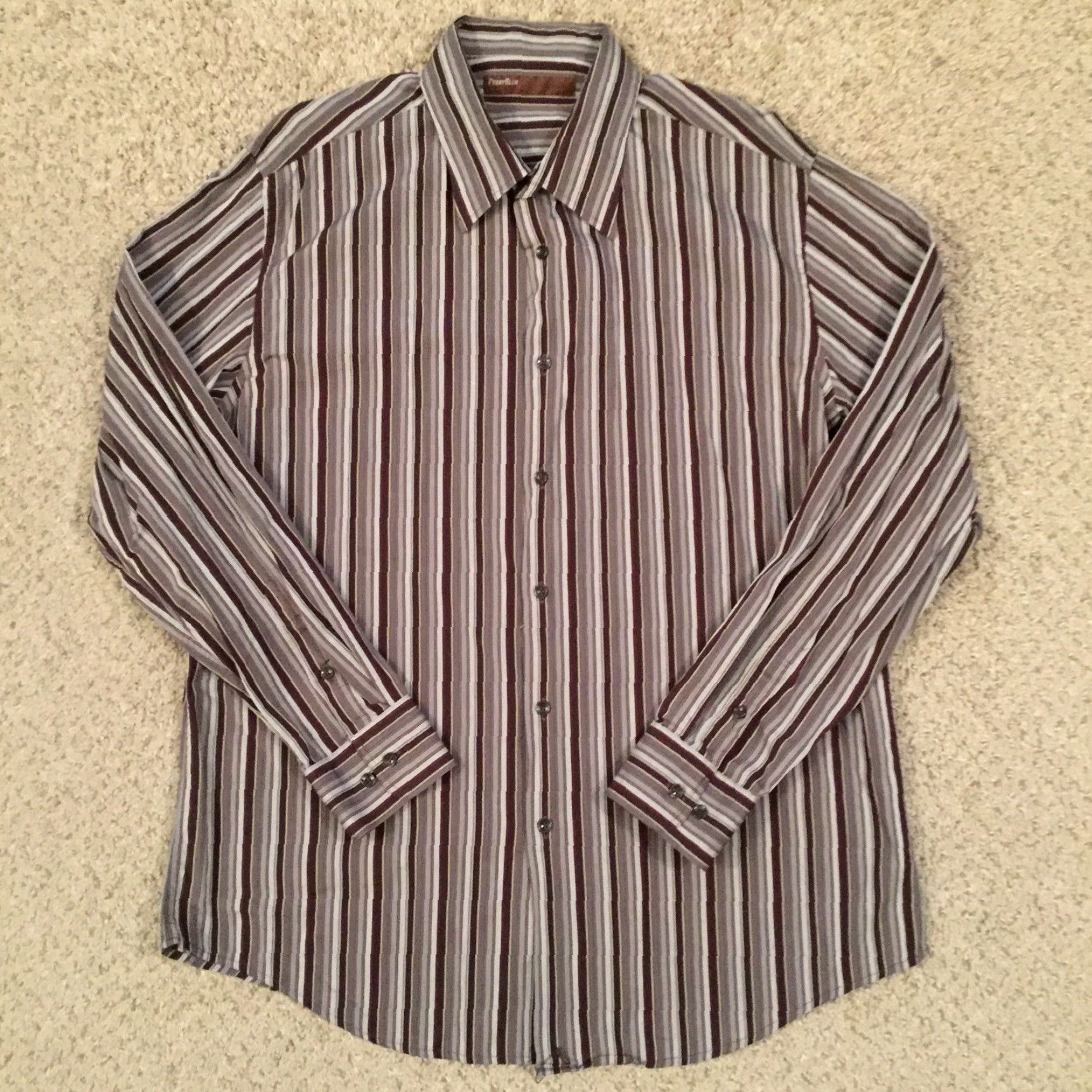 Perry Ellis Perry Ellis Shirt Men XL Brown Striped Long Sleeve Button-Up Regular Cotton Size US XL / EU 56 / 4 - 2 Thumbnail