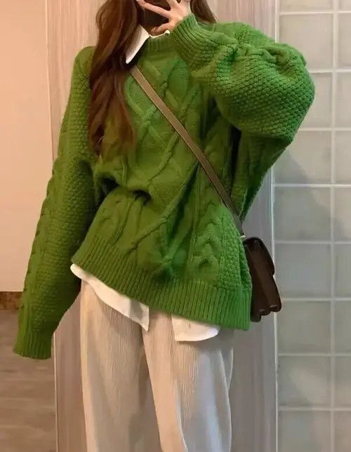 Japanese Brand × Vintage Retro avocado green thick line crew neck sweater Size M / US 6-8 / IT 42-44 - 1 Thumbnail