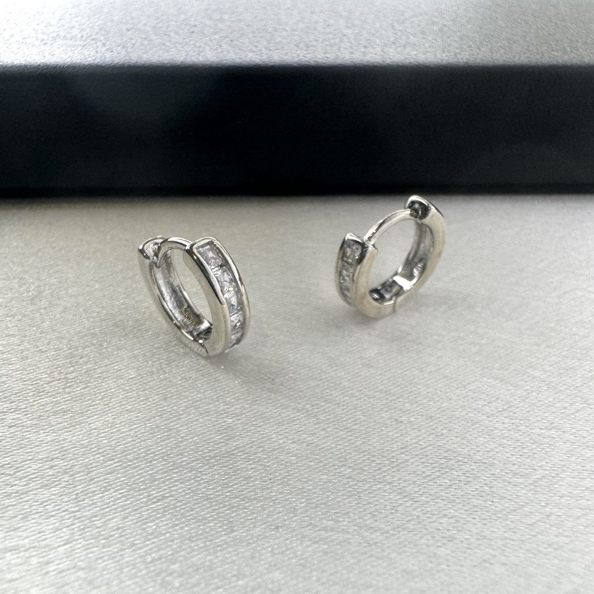 Designer 12mm CZ Small Silver Hoop Earrings for Women Men Size ONE SIZE - 4 Thumbnail