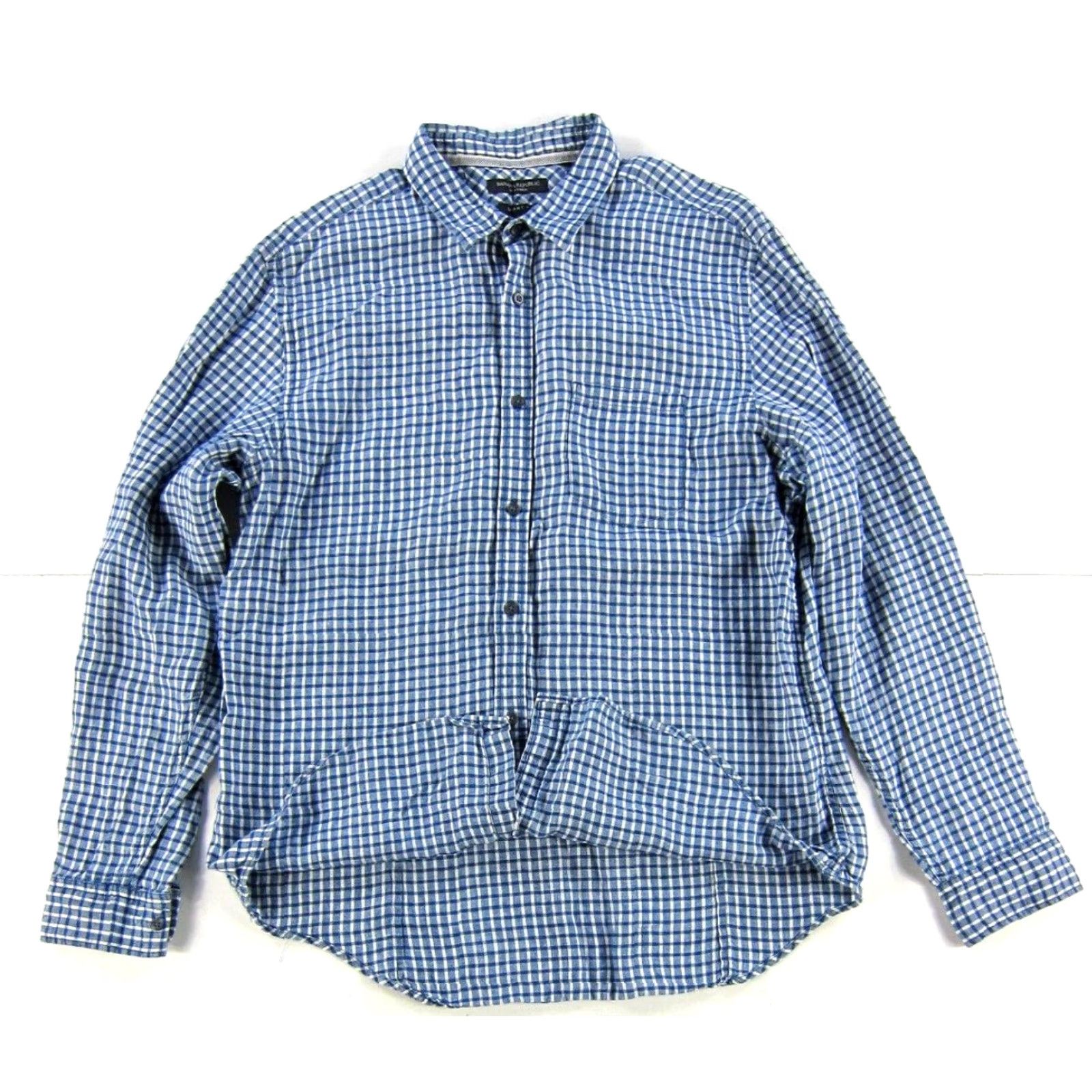 Banana Republic Banana Republic Blue Plaid 100% Linen Button Up Long Sleeve Grant Fit Shirt XL Size US XL / EU 56 / 4 - 5 Thumbnail