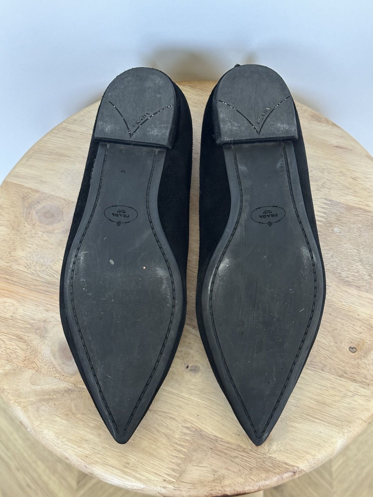 Prada Prada Black Suede Pointed Toe Ballet Flats With Metal Logo Size US 6 / IT 36 - 8 Thumbnail