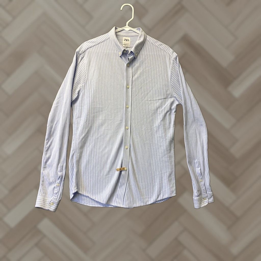 Zara ZARA Button-Down Shirt Men XL Blue Striped Cotton Flannel Slim Fit Long Sleeve - Regular Size, Classic Theme, Business Casual, 61-23 Size US XL / EU 56 / 4 - 1 Thumbnail