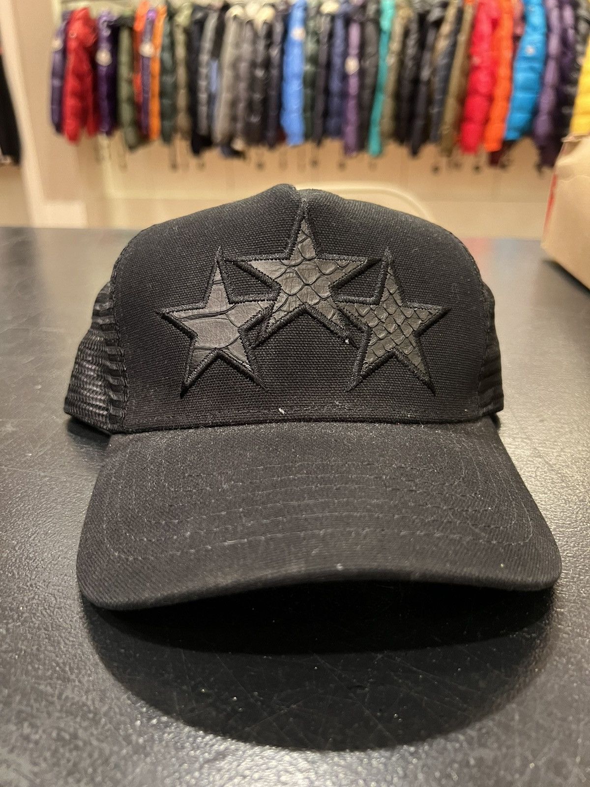 image of Amiri Alligator Star Patch Trucker Hat Black, Men's