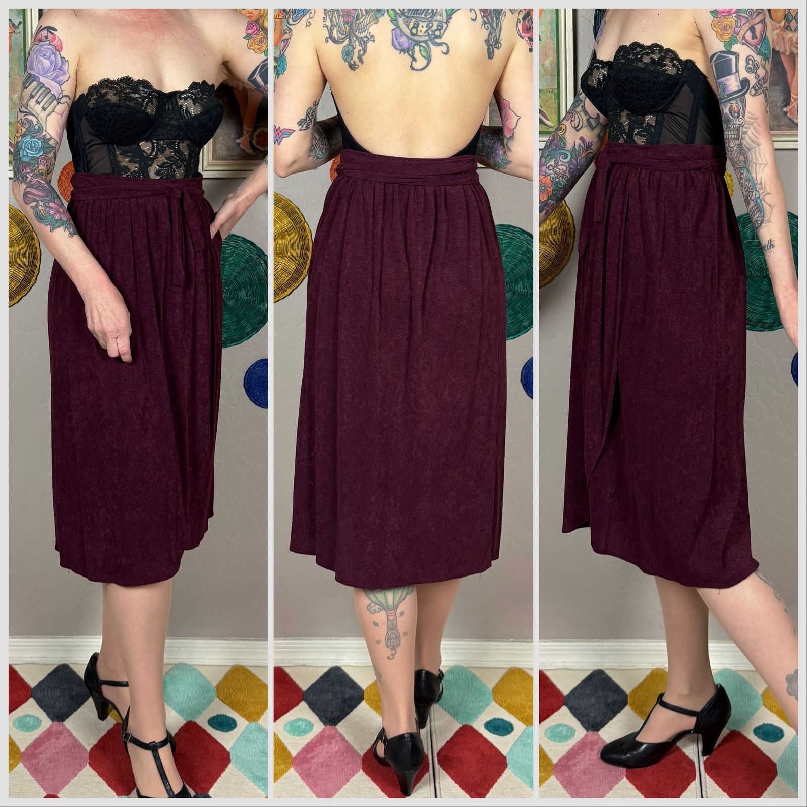 Vintage Vintage 1970s Plum Purple Terry Cloth A-Line Wrap Skirt Size 23" - 2 Thumbnail