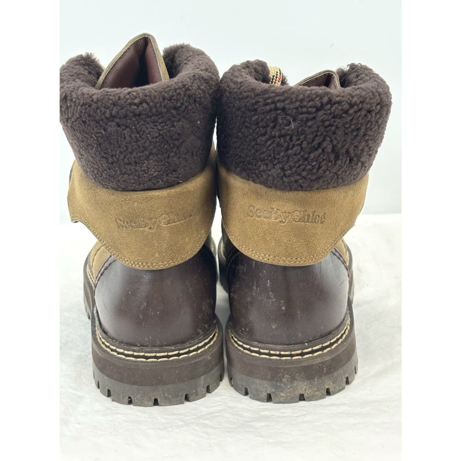 Vintage VINTAGE See By Chloé Eileen Boots Suede Shearling Brown Lace Up Womens 6 (EU 36) Tan Multi, Casual Winter Hiking Style Size US 6 / IT 36 - 4 Thumbnail