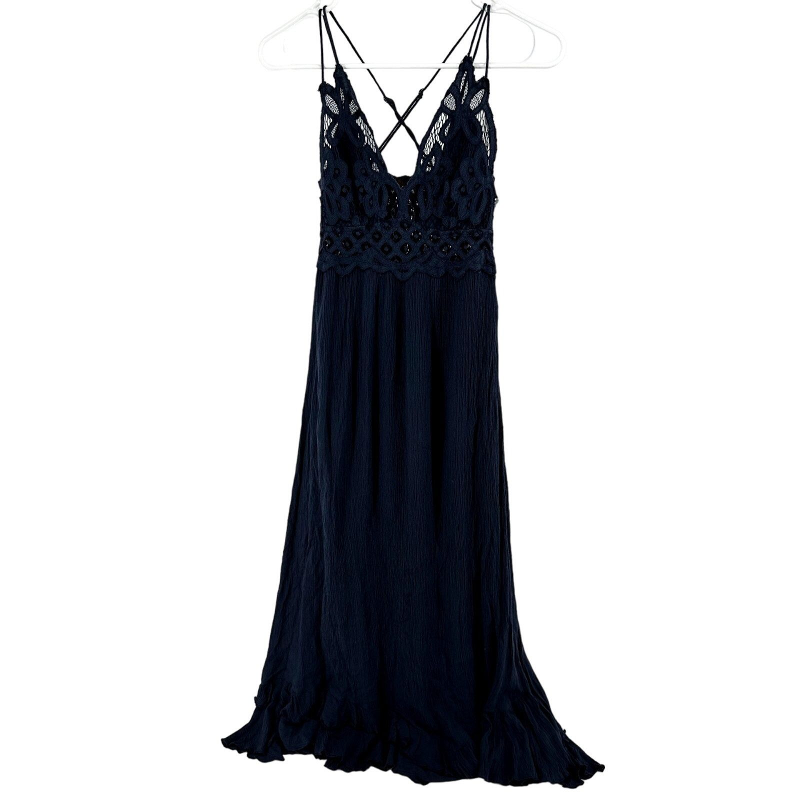 Free People Adella Slip Maxi Dress Crochet Lace Navy Small
