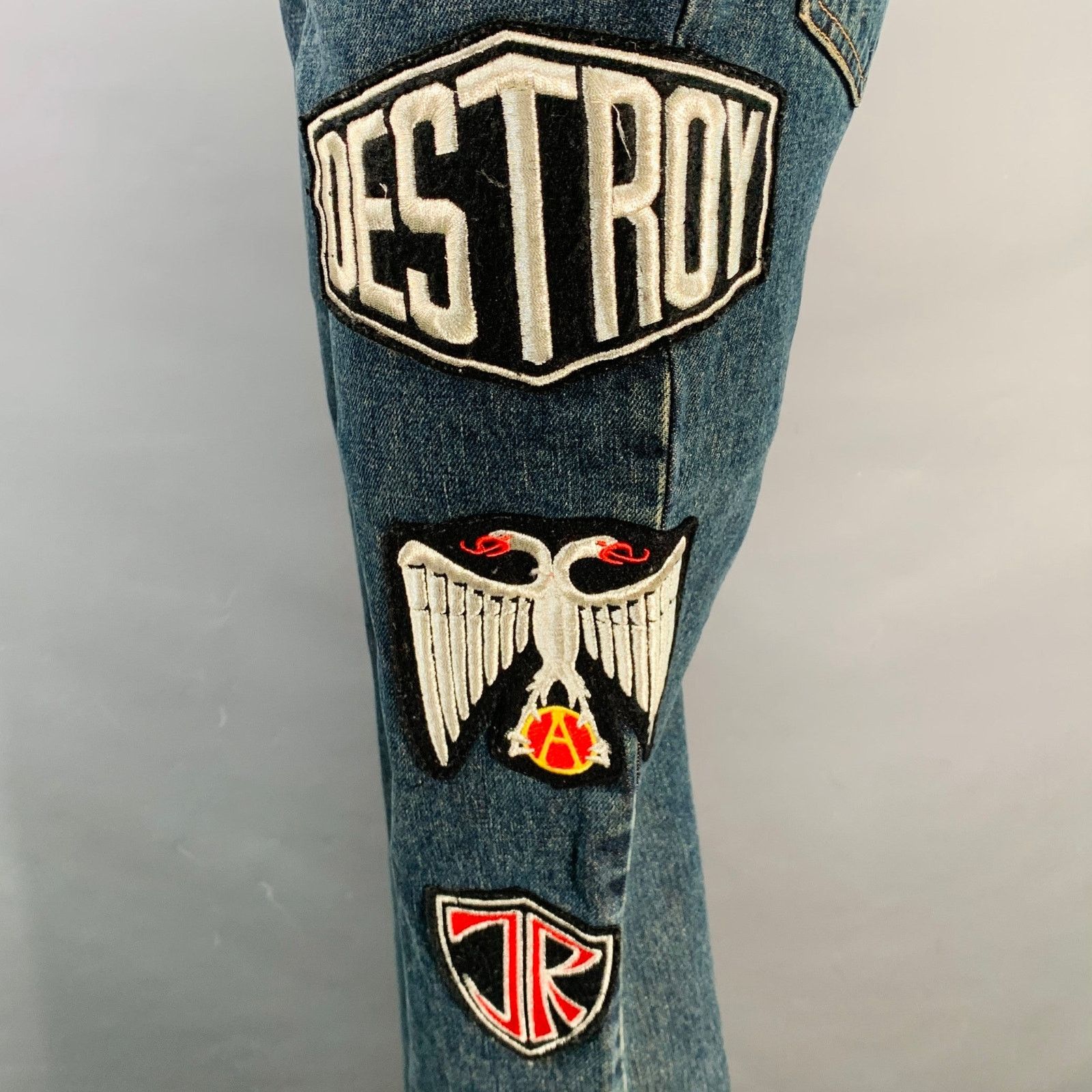 John Richmond Size 27 Indigo Black Red Denim Twill Patches Flared Jeans Size 27" / US 4 / IT 40 - 2 Thumbnail