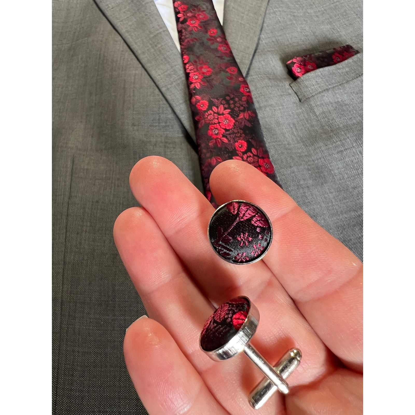Other 3 Piece Tie Set Black Red Floral Tie Pocket Square Cufflinks Size ONE SIZE - 3 Thumbnail