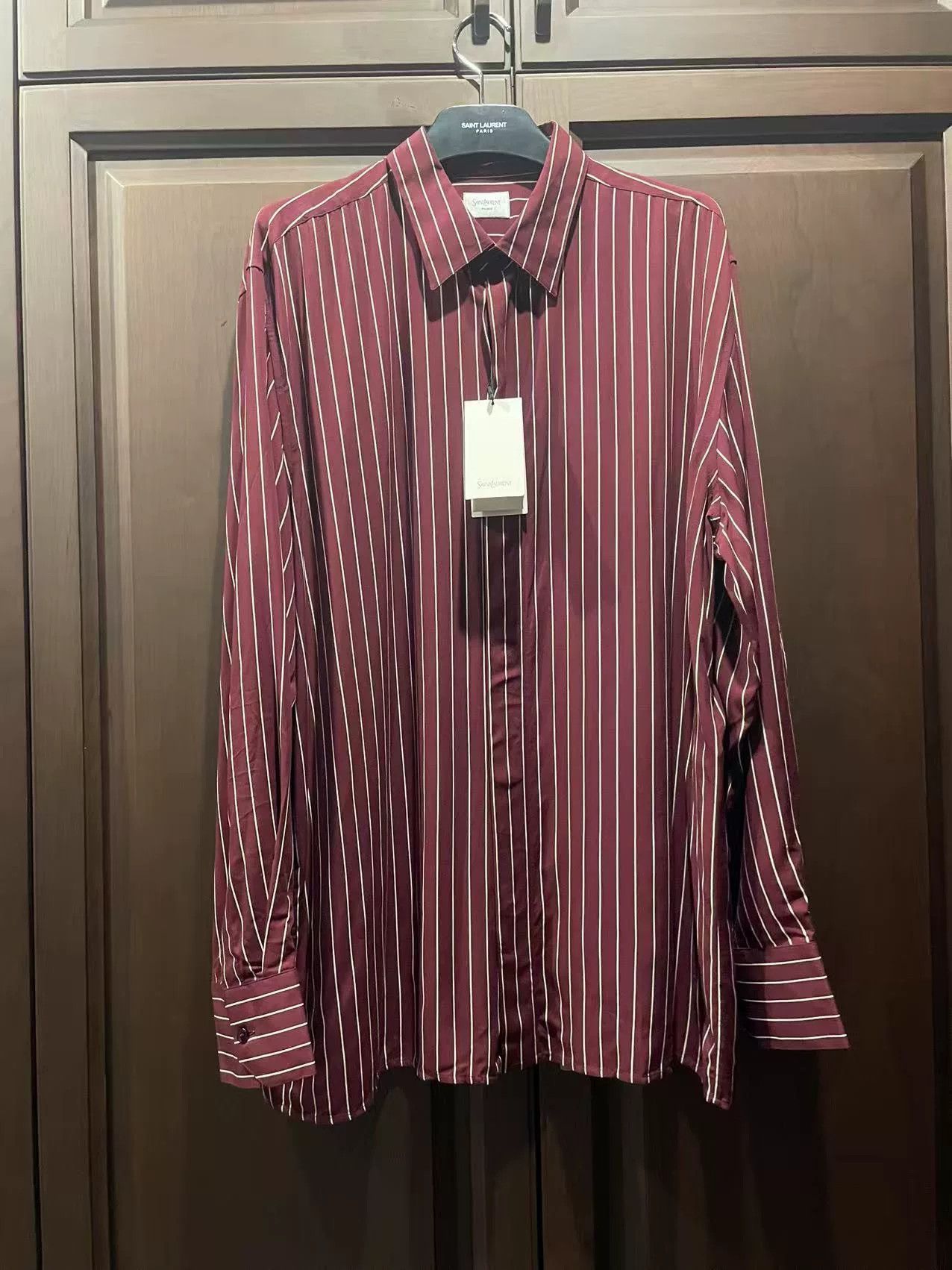 Saint Laurent Paris Saint Laurent Burgundy Striped Shirt Size US M / EU 48-50 / 2 - 1 Thumbnail