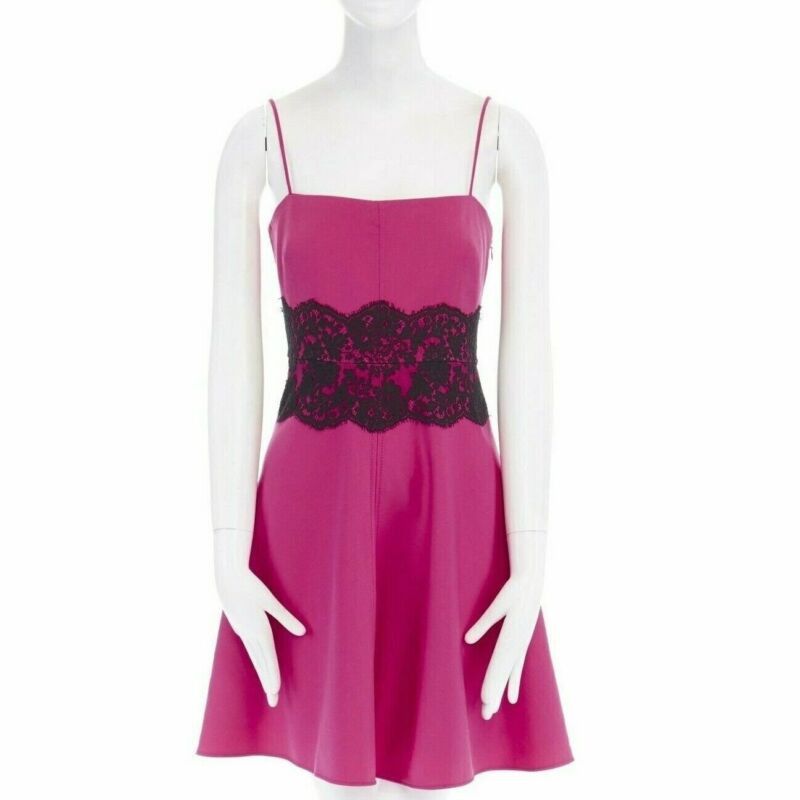 Valentino VALENTINO pink wool blend black lace trimmed waist flared skirt dress IT42 M Size 28" / US 6 / IT 42 - 1 Thumbnail