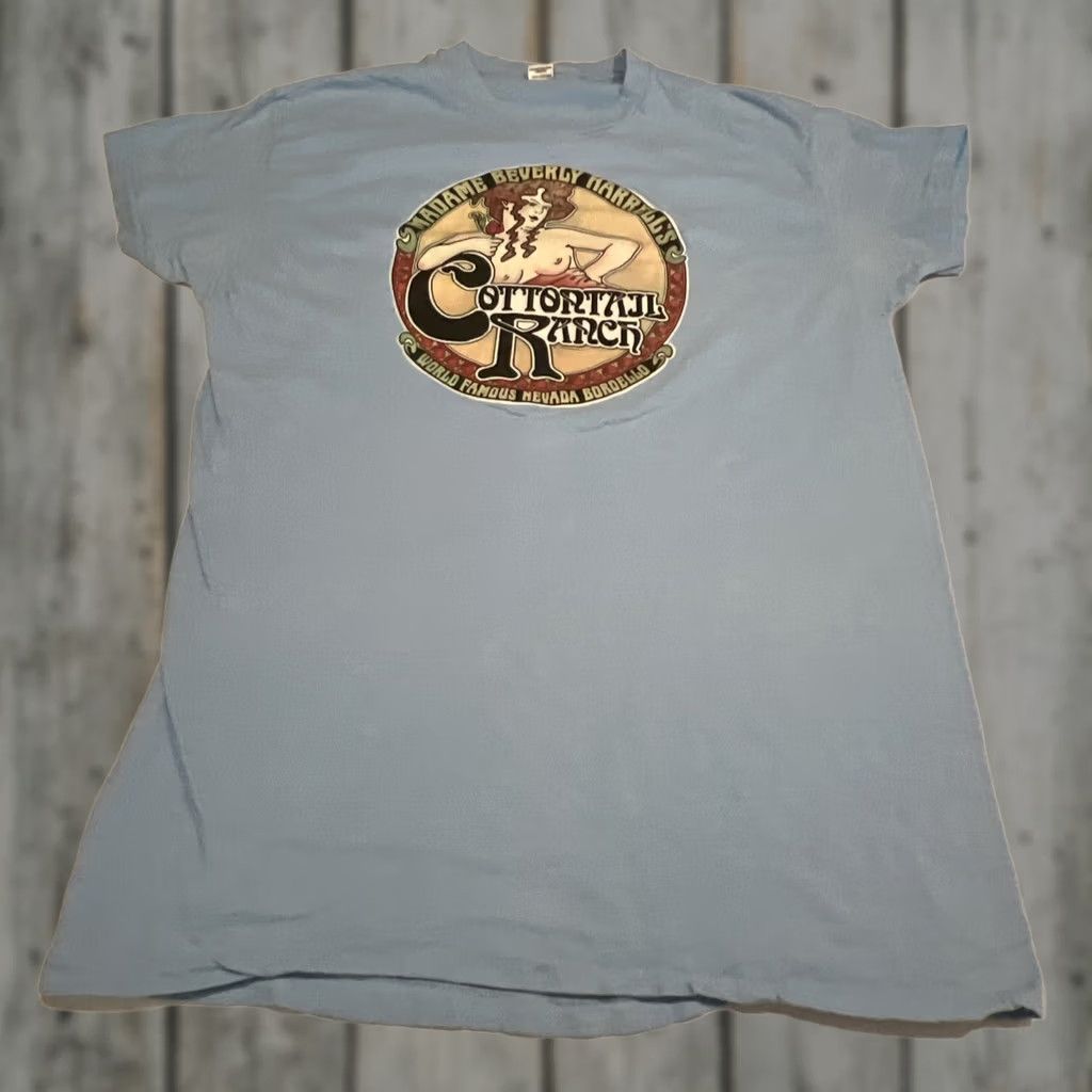 Hanes VINTAGE 1975 Cottontail Ranch T Shirt Men’s XL Madame Beverly Harrell’s Bordello Hanes Graphic Tee Blue Cotton 1970s Mens XL Short Sleeve US Origin Size US XL / EU 56 / 4 - 1 Thumbnail