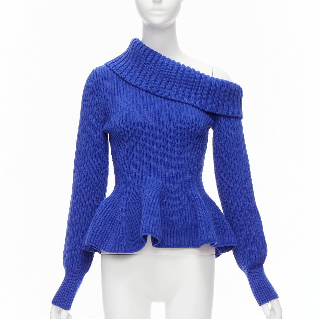 image of Alexander Mcqueen Cobalt Blue Wool Cashmere Off Shoulder Peplum Ribbed Sweater S, Women's (Size Sma