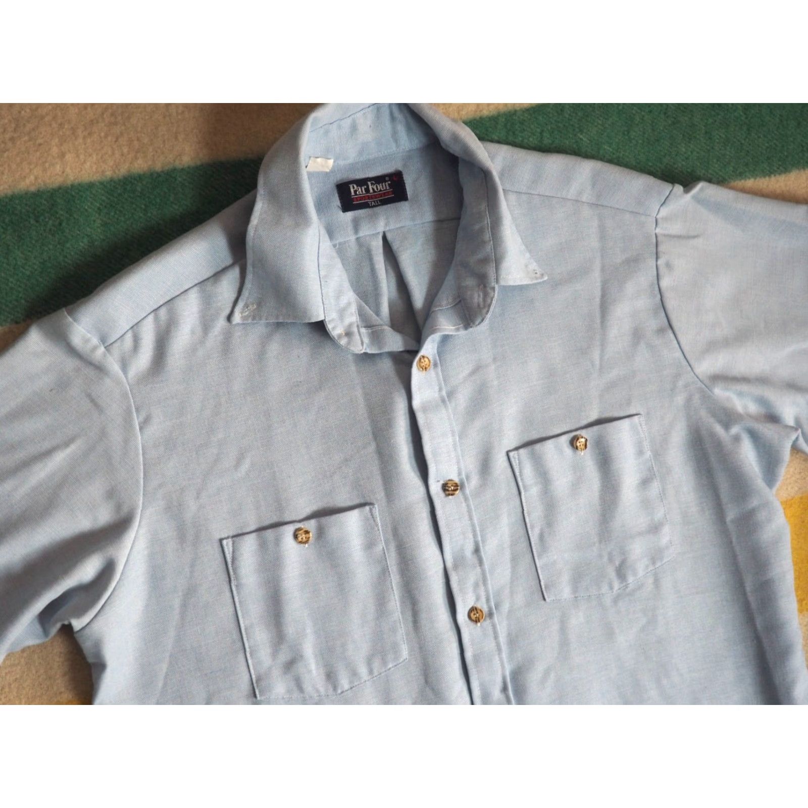Vintage VINTAGE Par Four Shirt LT Mens 70s Pocket Light Blue Polycotton Long Sleeve Button-Front Mens LT Blue 1970s Casual USA Made Size US L / EU 52-54 / 3 - 5 Thumbnail