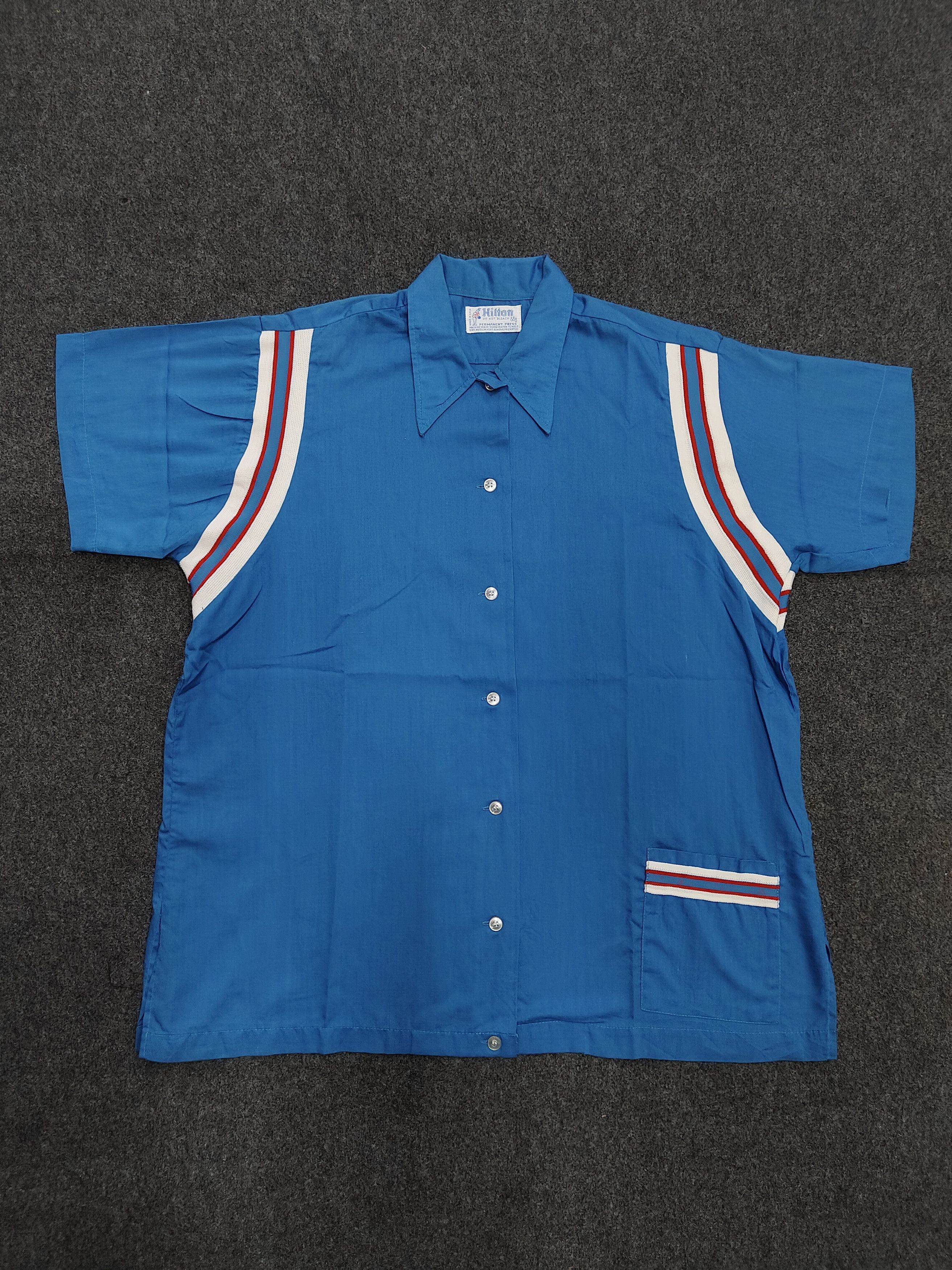 70s Hilton🔥 Blue Races Stripe Paneling Bowling Shirt