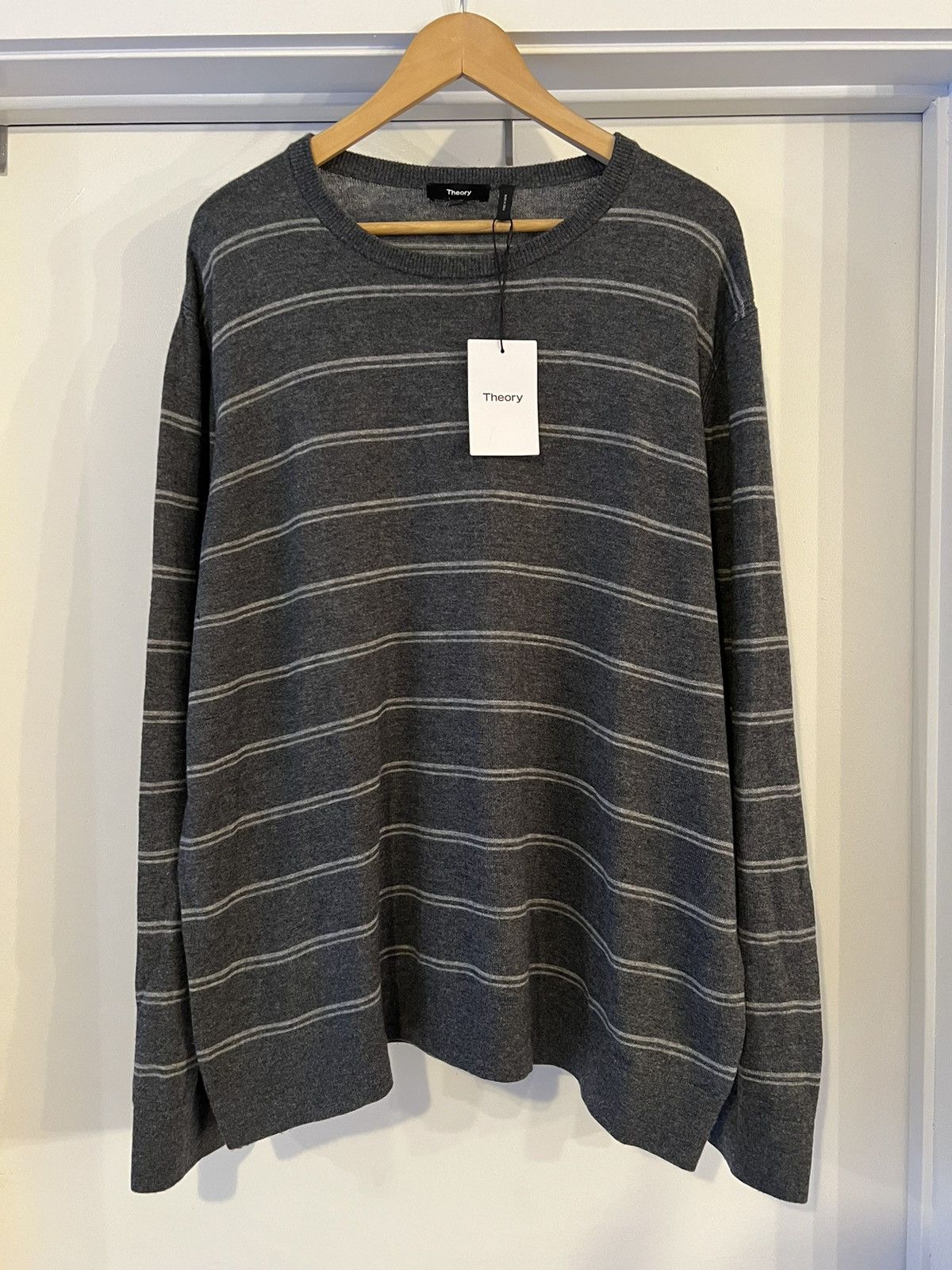 image of $295 Theory Grey Cashmere Striped Crewneck Sweater , Men's (Size 2XL)