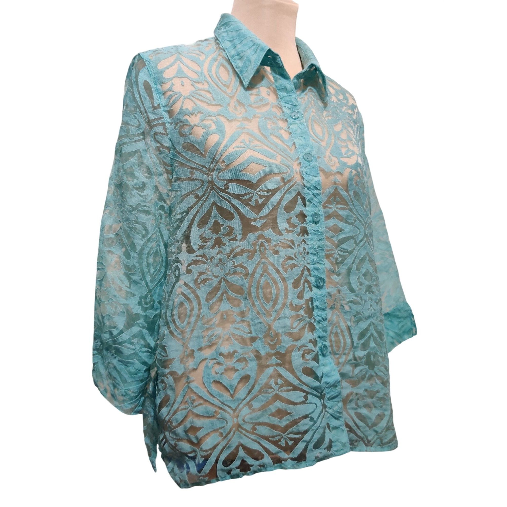 Vintage Womenx XL Blouse Turquoise Blue Sheer Burnout Vintage Button Size XL / US 12-14 / IT 48-50 - 3 Thumbnail