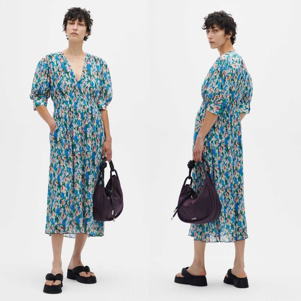 NWT New $325 GANNI Multicolor V-Neck Midi Floral Azure Blue