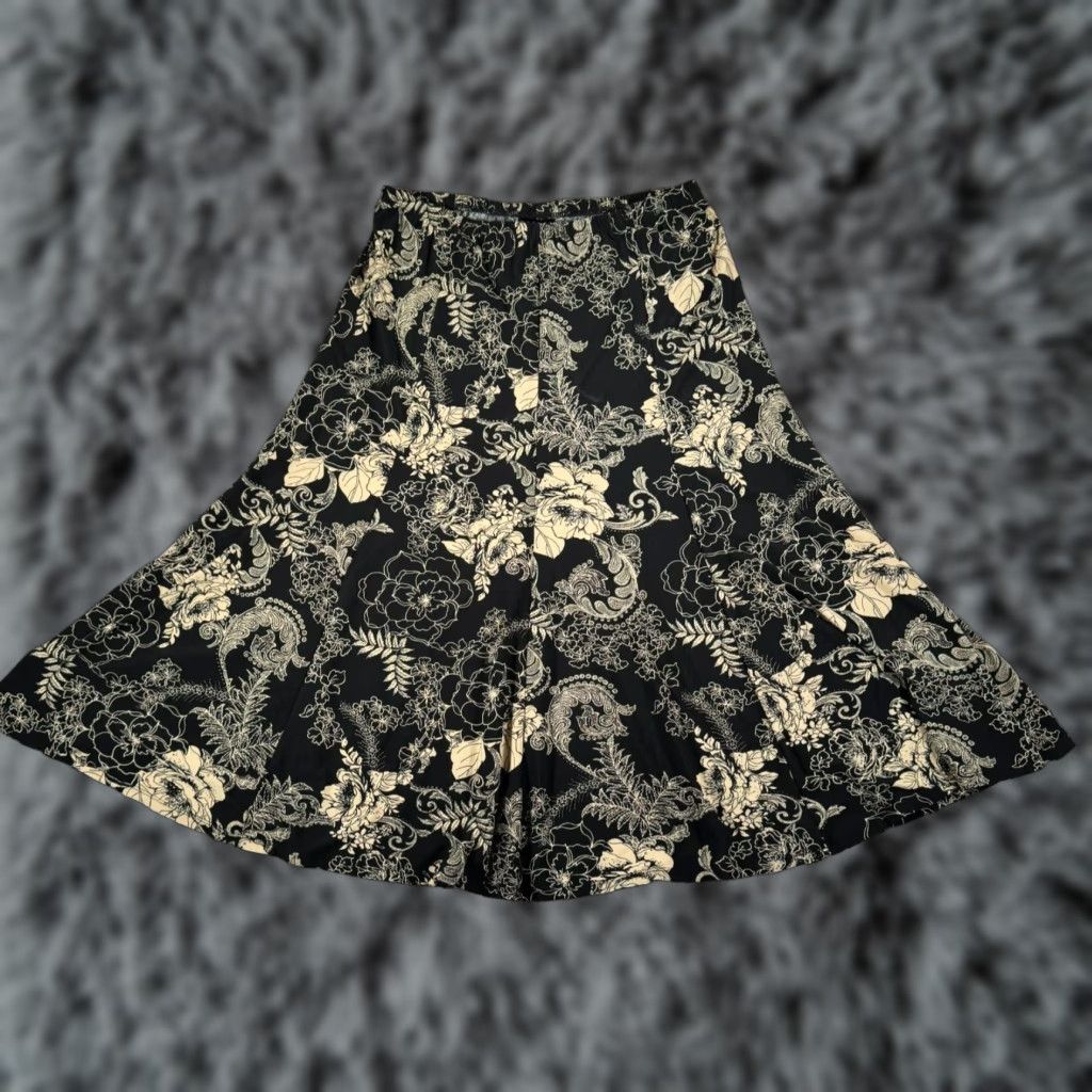 Vintage B. Moss Skirt Midi Women's M Black Paisley 90s Y2K Whimsigoth Workwear A-Line Elastic Waist Damask Baroque Size 32" / US 10 / IT 46 - 1 Thumbnail