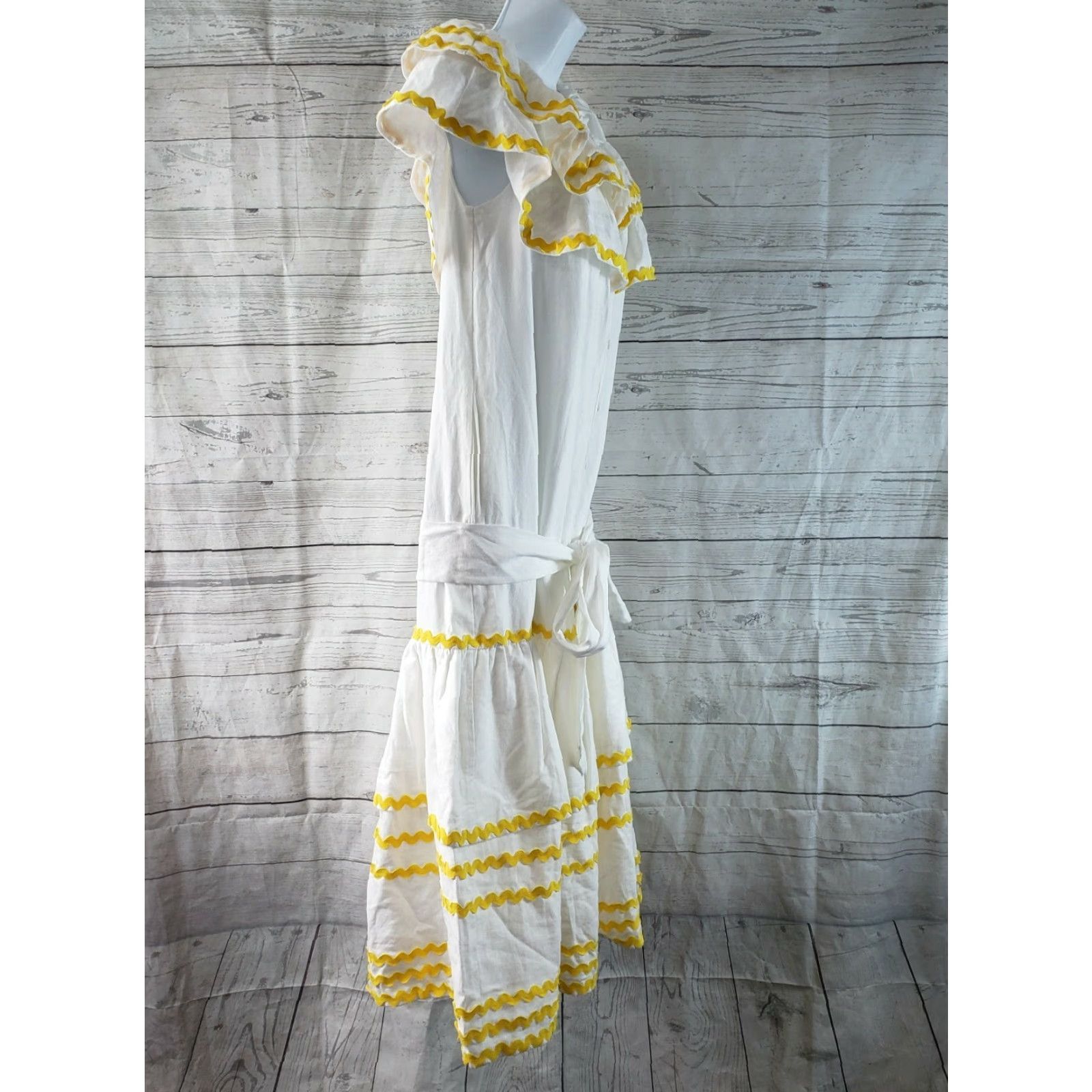 Lisa Marie Fernandez VINTAGE Lisa Marie Fernandez for Target Womens Off The Shoulder Dress XS White Yellow Dress XS White Off The Shoulder Linen Blend A-Line Midi Womens Size XS / US 0-2 / IT 36-38 - 3 Thumbnail